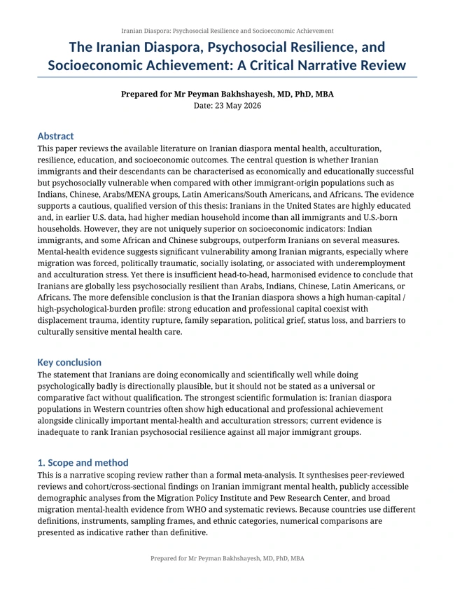 Cover of The Iranian Diaspora, Psychosocial Resilience, and Socioeconomic Achievement: A Critical Narrative Review